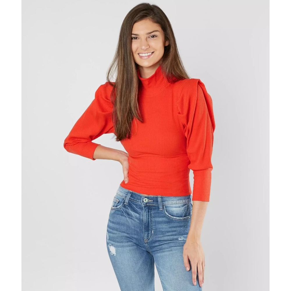 Free People Red Ribbed Puff Sleeve Turtleneck Sweater